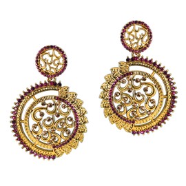 Touchstone Indian Bollywood Traditional Handcrafted Faux Ruby Fine Workmanship Designer Crystal Jewelry Colorful Long Earrings Jhumki In Gold Tone For Women.
