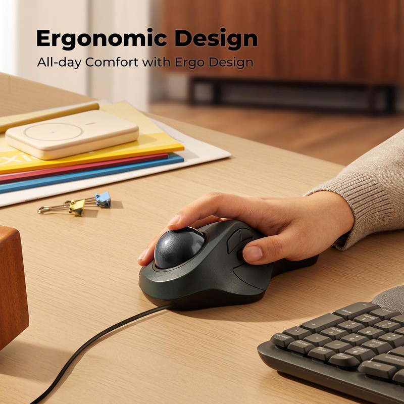 PORLEI Wired Trackball Mouse for Large Hands, Ergonomic Design Reduces