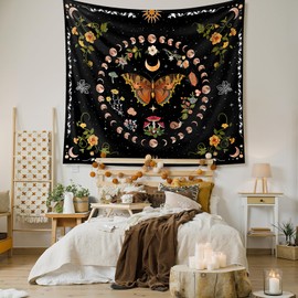 Zodight Orange Butterfly Tapestry, Moon Phase Tapestry, Plants Flowers Tapestry, Wall Hanging for Living Room, Table, Room, Bedroom