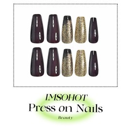 IMSOHOT Long Press on Nails Coffin Fake Nails Brown Glue on Nails Full Cover Glossy Acrylic Ballerina False Nails with Golden Glitter Design Artificial Nail Supplies for Women DIY Manicure