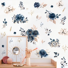 RAINBOW WSK Blue Peony Flower Wall Decals Peel and Stick Rose Leaf Botanical Wall Stickers Removable Vinyl Wall Decor for Girls Room Bedroom Living Room Bathroom SP-S0255