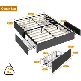 Senfot Queen Size Bed Frame with 4 Storage Drawers, Full Platform Bed Frame with Mattress Foundation Strong Wooden Slats Support, No Box Spring Needed, Non Slip and Noise Free, Dark Gray