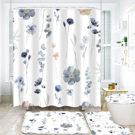 DDQQ 4Pcs Watercolor Flower Shower Curtain Set with Non-Slip Rugs, Toilet Lid Cover and Bath Mat, Modern Minimalist Floral Shower Curtain with 12 Hooks, Blue Beige Bath Curtain for Bathroom Decor