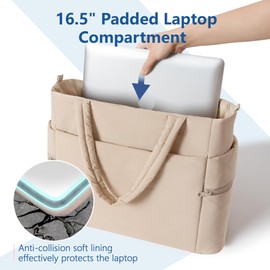 WOVTATOO Puffer Tote Bag for Women, Lightweight Tote Bag with Compartments Puffy Shoulder Bag for Travel Work Laptop, Beige