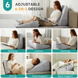 Bedluxe Wedge Pillow for Sleeping, 12 inch Elevated Support Bed Wedge Pillow, Breathable Triangle Pillow Wedge with Cooling Memory Foam Top - Removable Washable Cover, Light Grey