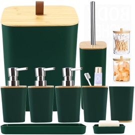 XLHOMO Green Bathroom Accessories, Bathroom Accessories Set with Trash Can, Soap Dispenser, Toothbrush Holder, Toothbrush Cup, Soap Dish, Toilet Brush, Tray and Q-tip Holders for Housewarming
