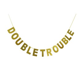 Double Trouble Bunting Banner Gold Glitter for Twins Baby Shower, Kids Birthday Party Decorations