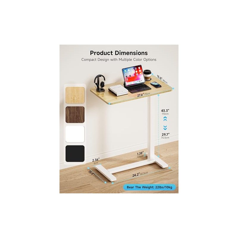 BIZUM Adjustable Bedside Table with Swivel Hidden Wheels Pneumatic Rolling