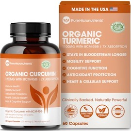 Turmeric Curcumin BCM-95 Supplement + Black Pepper, Organic, 60 Veg. Capsules, 1000 mg - Pure Micronutrients (1 Bottle)