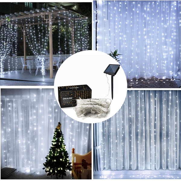 IMAGE Solar Curtain Lights 8 Modes 9.8x9.8 Feet Solar String Lights for Wedding Party Home Decoration Backdrops Full Waterproof UL Safety Standard White