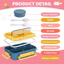 SUPPRUI Bento Lunch Box,1300ml Lunch Box Adults Kids,Bento Boxes with Bag,4 Compartments Leak Proof Lunchbox,Container Meal Prep Containe with Cutlery (Blue+Yellow)
