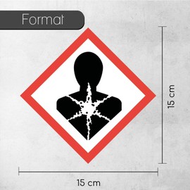 Hazard Sticker I Weatherproof Film with UV Protective Laminate I Hazardous Substance Symbol with GHS08 Systemic Health Hazard Name I 15 x 15 cm I GHS Mark I Warning I hin700
