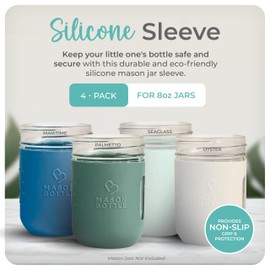 Mason Bottle 8oz Mason Jar Silicone Sleeves (4-Pack) - Regular Mouth Mason Jar Sleeves - Non-Toxic, Dishwasher Safe Mason Jar Sleeves for Extra Grip & Protection - Made in USA (Jars NOT Included)
