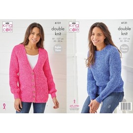 King Cole 6131 Knitting Pattern Womens Raglan Sweater and Jacket in King Cole Pricewise Twirly DK