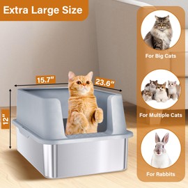 Nyutu XL Stainless Steel Litter Box, Extra Large High Sided Metal Cat Litter Box with Lid and Scooper, Easy Clean, Non Stick & No Smell-24"x16"x12"