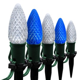 Wintergreen Lighting 50’ OptiCore LED Blue and White Pathway Christmas Lights, C9 Outdoor Christmas Lights, 4.5” Stakes, Green Wire Plug String Lights
