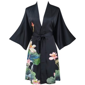 Ledamon Women's Kimono Short Robe - Classic Floral Bathrobe Nightdress, Black (black-a)