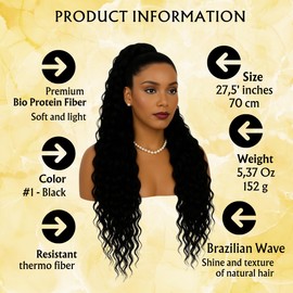 Ser Mulher 27.5" Drawstring Ponytail Extension – Brazilian Wavy Texture – Synthetic Hairpiece with Bio Protein Fiber – Long Curly Ponytail for Women – Natural Look (Black)