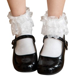 Arisana Short Socks, Kids, Girls, Formal Socks, White, Black, School, Frilly Lace Socks, white, L