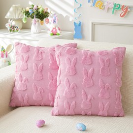 LOMCHEN Easter Throw Pillow Covers 18x18 inch Set of 2 for Easter Decorations Pink Bunny Rabbit Soft Plush Faux Fur Wool Pillow Covers for Sofa Living Room Couch Bed