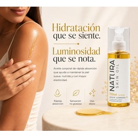 Natura Skin Oil 150ml. - Aceite Corporal Hidratante para Estrías y Cicatrices con Rosa Mosqueta, Almendra, Aguacate y Vitamina E, Textura Ligera No Grasosa