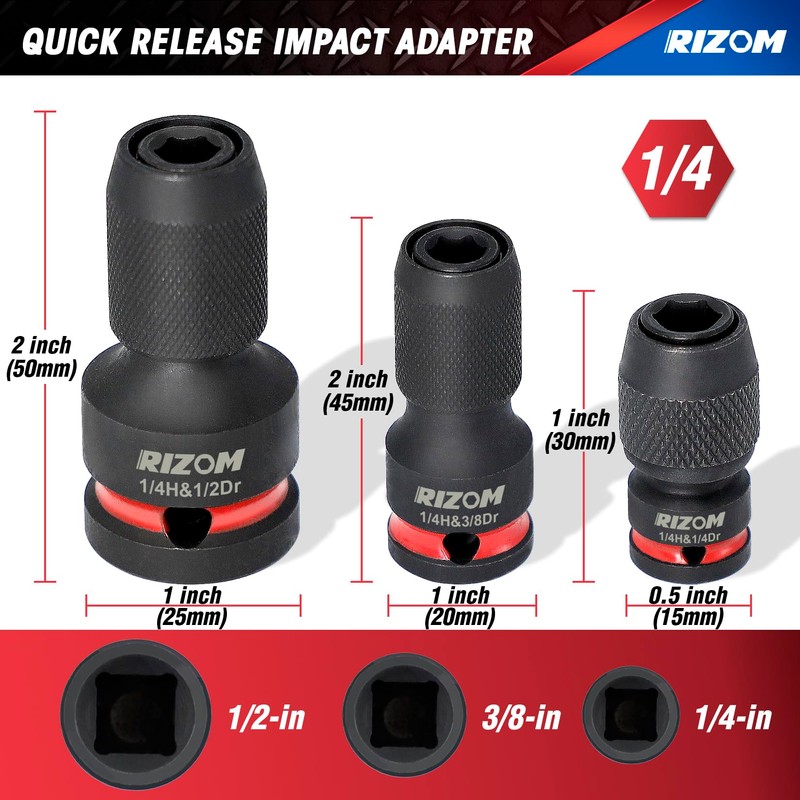 Rizom 3-Piece Quick Release Impact Bit Holders, 1/2 3/8 1/4-Inch
