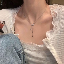 Cimenexe Bohemian Crystal Moon Star Choker Necklace Silver Cz Paved Crescent Pendant Necklace Rhinestone Star Y Drop Necklace Small Crescent Star Necklace Jewelry for Women and Girls Gifts