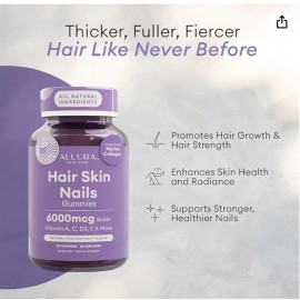 allura Hair Skin and Nails Vitamins for Women –Extra Strength 6000mcg Biotin Hair Gummy