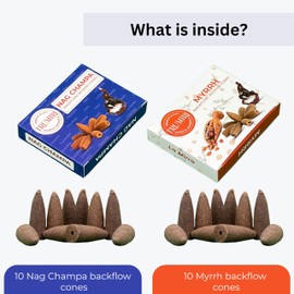 TRUMIRI Backflow Incense Cones - Combo Pack of 20 Incense Cones Waterfall - 10 Myrrh + 10 Nag Champa - Incense Backflow Cones - Waterfall Incense Cones - Incense Waterfall Cones