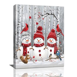 Snowman Wall Art Winter Snowmans Pictures Wall Decor Cardinal Rustic Canvas Painting Modern Artwork Home Decoration for Living Room Bathroom Bedroom Office Framed 12"x16"