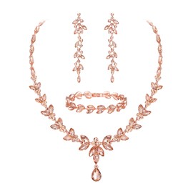 Ever Faith Marquise Crystal Party Jewelry Set for Bride, Gorgeous Leaf Rhinestone Necklace Dangle Earrings Tennis Bracelet Set Champagne Rose Gold-Tone