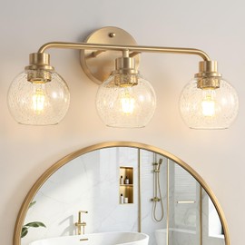 Watyo Bathroom Light Fixtures Gold Vanity Light 3 Light Wall Sconces Lighting Brushed Brass Lights with Seeded Globe Glass Shades Bath Wall Lamp for Mirror Kitchen Living Room Bedroom Hallway