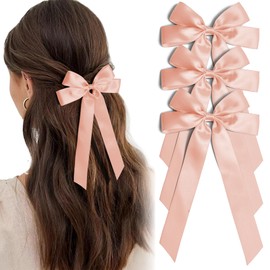 Pink Hair Bows, 3 PCS Silk Satin Bow Hair Accessory Hair Clip, Ponytail Bow Hair Clip With Metal Clip, Long Tail Hair Accessories Suitable for Ladies and Girls