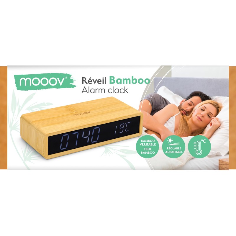 Mooov Bamboo Alarm Clock with LED Display, Black, Indoor Temperature,
