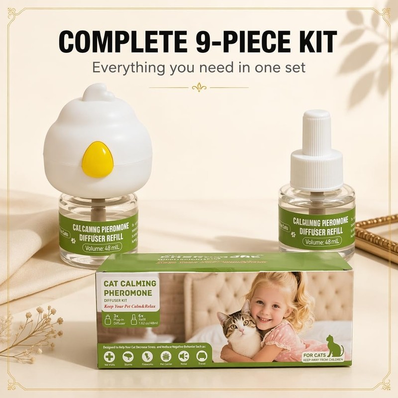 9-Pack Cat Calming Pheromone Diffuser Kit, 3 Diffusers & 6×48mL