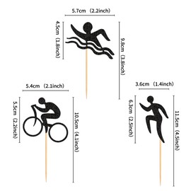 Blumomon Pack of 24 Swim Bicycle Run Cupcake Toppers, Black Glitter Triathlon Cupcake Picks, Sport Theme Cupcake Topper, Decoration