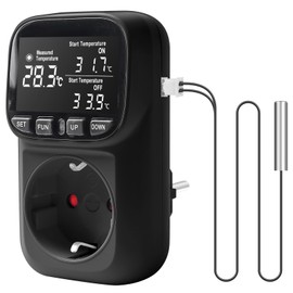 Temperaturregler Steckdose 230V, Digital Thermostat Steckdose mit Fühler für Heiz- und Kühlmodus, Hygrostat Steckdose Feuchtigkeitsregler Temperaturschalter für Gewächshaus, Terrarium, Kühlschrank