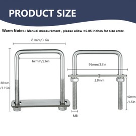 SRZTXU 4 Sets M8 Square U-Bolts,304 Stainless Steel Square u-Bolts,with Nuts,Bolt Plate and washers (4, M8 x 65mm x 80mm)
