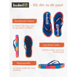 budmil Women's Flip Flop, Comfortable Slippers, Non-Slip Beach Slippers for Women for the Beach or City, Blue / Orange, 38 EU