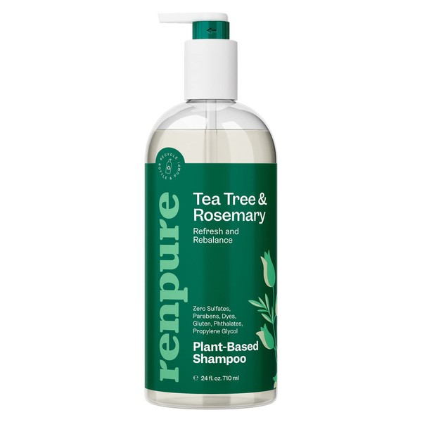 Renpure Plant Based Tea Tree and Rosemary Refresh and Rebalance Shampoo - Soothes Dry Scalp - Delivers Moisture and Shine - Rids Hair of Grime - Dye Free - Recyclable, Pump Bottle Design - 24 fl oz
