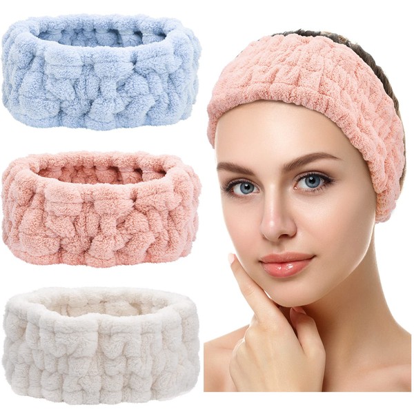 Pack of 3 Spa Face Headbands for Make Up and Washing Face Terry Towelling Cosmetic Hair Bands Yoga Sports Elastic Makeup Headband for Girls Women (Blue, Pink, White)