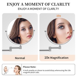 BWE Wall Mounted Makeup Mirror 1X/10X Magnifying Mirror 7.87 Inch Double-Sided Vanity Mirror 360 Degree Swivel Bathroom Mirror with Extendable & Folding Arm Classic Nickel Brushed