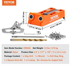 VEVOR Pocket Hole Jig Kit, 34 Pcs Pocket Hole Jig System with 11" C-clamp,  Fixture, Step Drills, Wrenches, Drill Stop Rings, Square Drive Bits, Toolbox, Adjustable, for DIY Carpentry Projects - Quantity: 56 Pcs - with 9" C-clamp