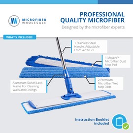 Microfiber Wholesale 24" Microfiber Mop System - Clean & Dust Hardwood, Laminate, & Tile Floors, Reusable Mop Heads, Adjustable Handle, Washable Micro Fiber Wet & Dry Pads, Industrial & Commercial
