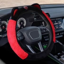 HQRNYP Car Steering Wheel Cover, Steering Wheel Protector, 15 Inch Fluffy Soft Plush Auto Protector, Anti-Slip Elastic Lovely Auto Cover with Kitty Cat Ears Fit for Most Vehicles (Black+Red)