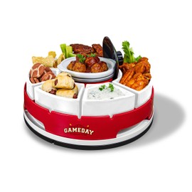 Nostalgia Gameday Heated Slow Cooker and Lazy Susan Serving Set for Parties, Fondue Pot for Dips and Nachos, Red/White