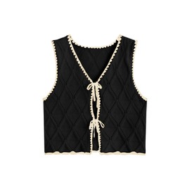Verdusa Women's Old Money Bow Tie Crochet Sweater Vest Contrast Binding Knot Front V Neck Knit Top Black X-Small