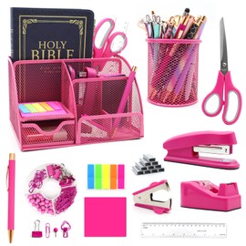 12 in 1 Hot Pink Desk Organizers and Accessories Set, Hot Pink Gifts for Coworkers Women, Hot Pink Office Supplies Hot Pink Stapler Pen Holder Tape Holder Staples Scissors Ruler Staple Remover