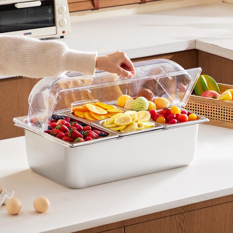 VEVOR Countertop Food Serving Display Container, 5 Pan Stainless Steel