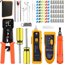 LEATBUY-TECH LEATBUY Network Tool Kit Set, Cable Tester Repair Tools Wire Stripping Cutter, Coax Crimper Plug Crimping, Punch Down RJ11 RJ45 Cat5 Cat6 Wire Data Detector Stripper (Yellow), DRED-63S